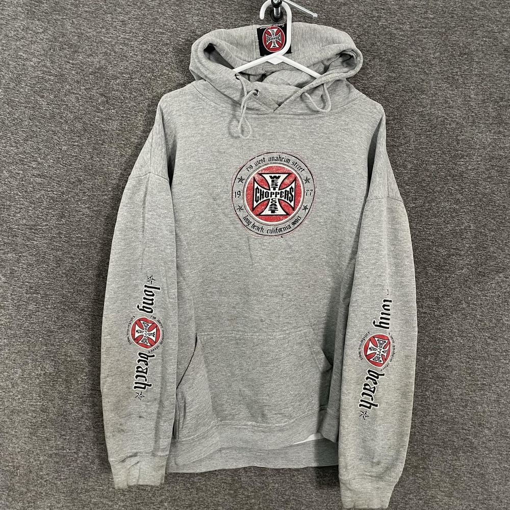 West Coast Choppers Hoodie Mens Large Gray Long Beach Graphic Pullover Biker